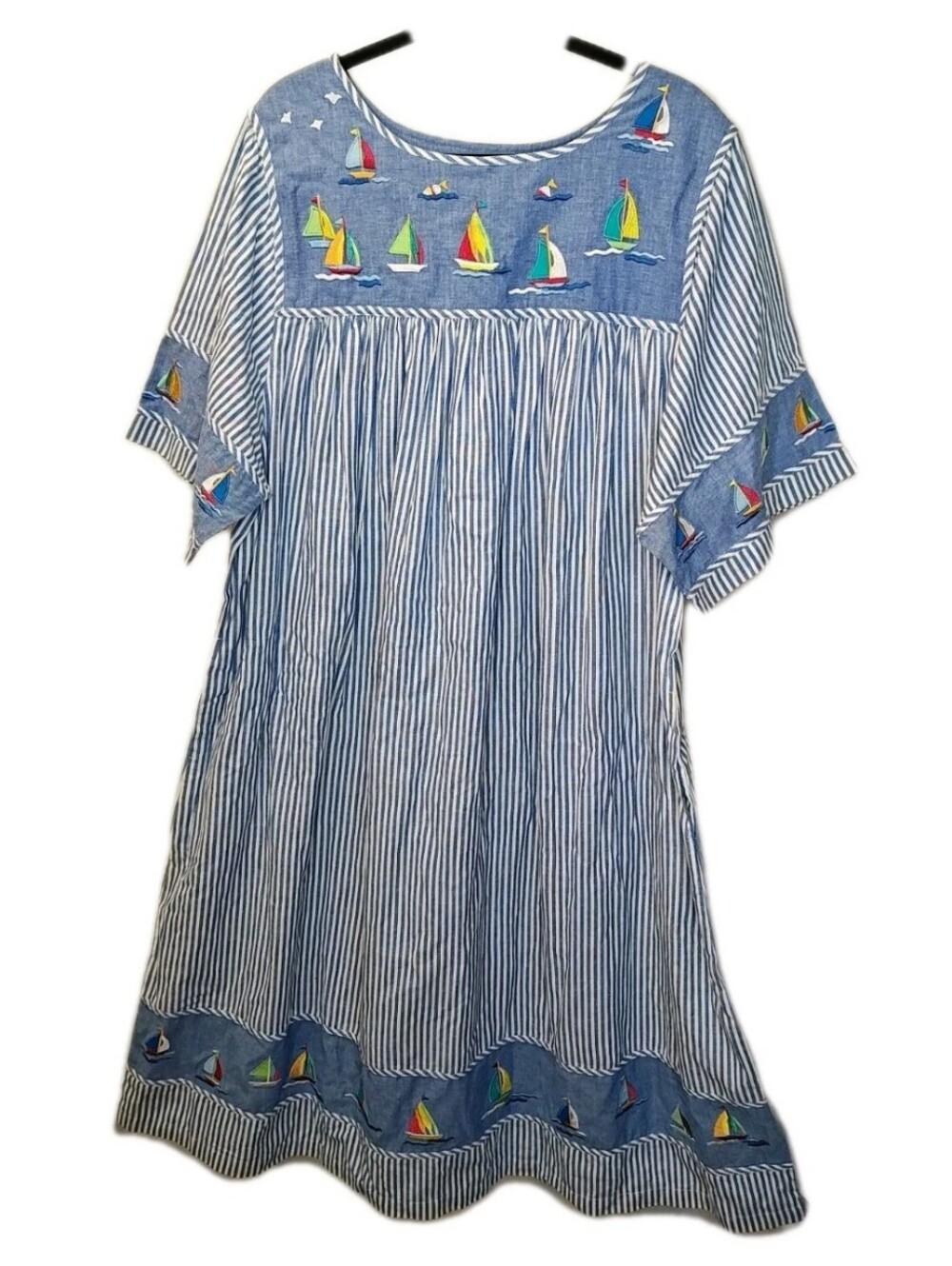 Woman Embroidered Sail Boats Kraftan Dress Blue Nautical Striped Beach House 1X